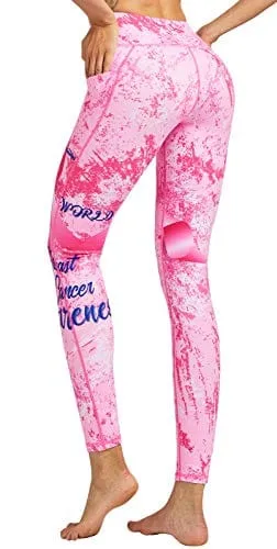 COOLOMG Women's Yoga Pants Printed Leggings Workout Running Tights with Side Pockets Light Pink S