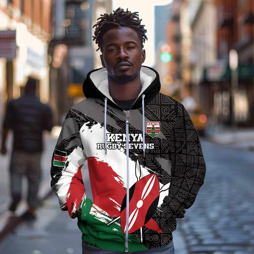 Custom Afro Kenya Zip Hoodie Rugby Sevens - African Pattern LT15