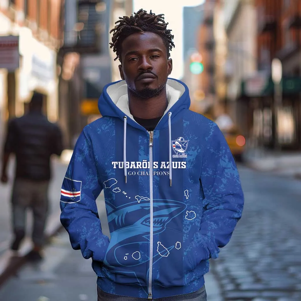 Custom Cape Verde Football Zip Hoodie Go Champions Tubaroes Azuis LT15