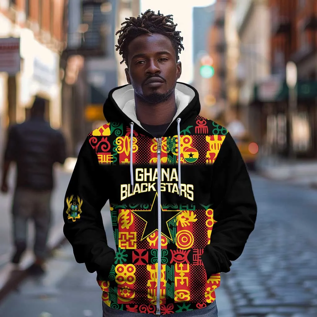 Custom Ghana Black Stars Zip Hoodie Adinkra Pattern - Football Style LT14