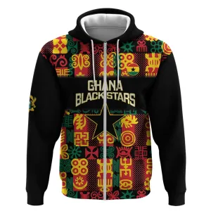 Custom Ghana Black Stars Zip Hoodie Adinkra Pattern - Football Style LT14