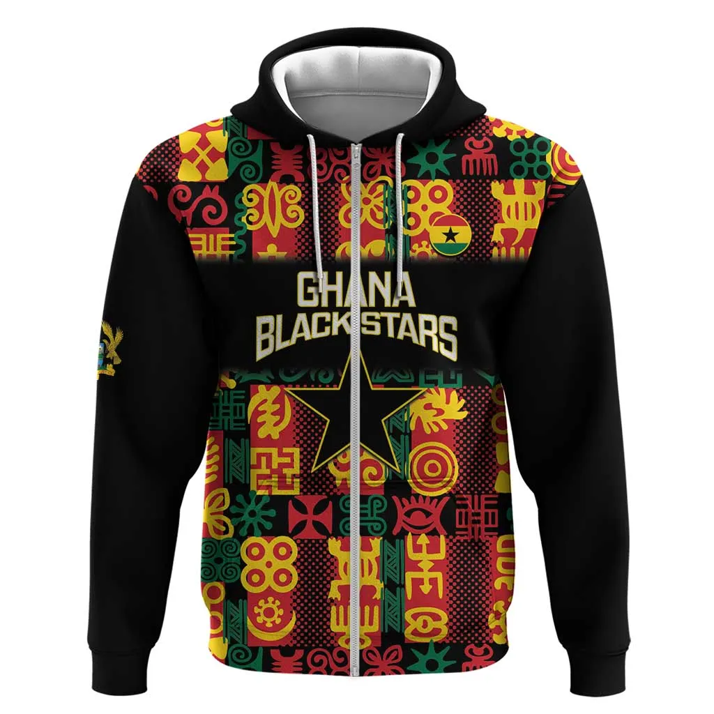 Custom Ghana Black Stars Zip Hoodie Adinkra Pattern - Football Style LT14