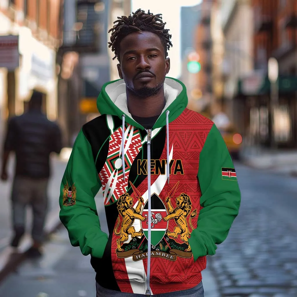 Custom Kenya Football Zip Hoodie Maasai Shield Coat Of Arms Style LT14