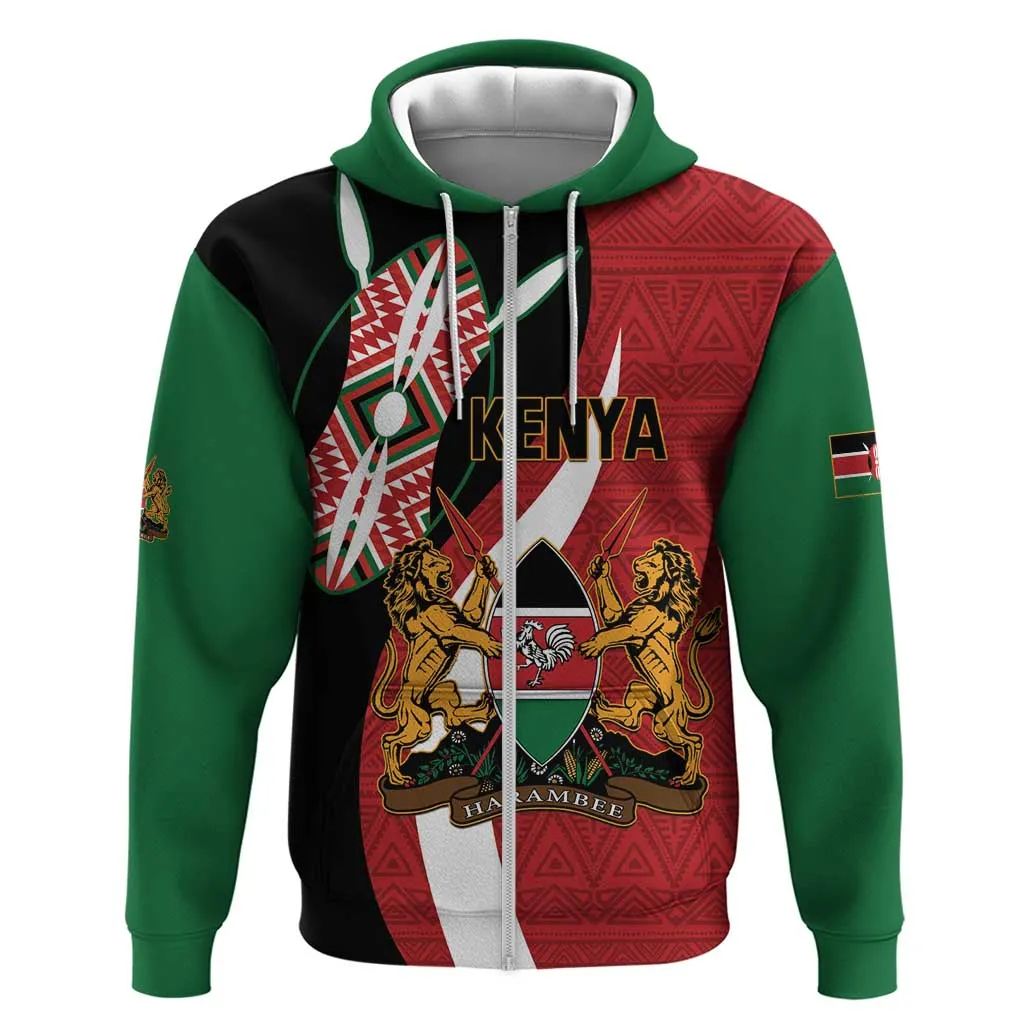 Custom Kenya Football Zip Hoodie Maasai Shield Coat Of Arms Style LT14