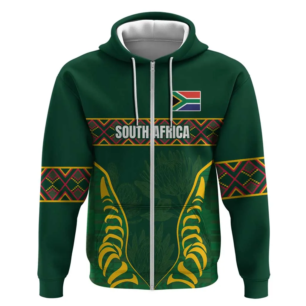 Custom South Africa Rugby Zip Hoodie Springboks Spirit and King Protea LT03