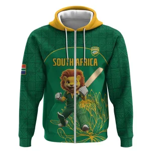 Custom South Africa Zip Hoodie Lion Mascot Proteas Cricket LT15