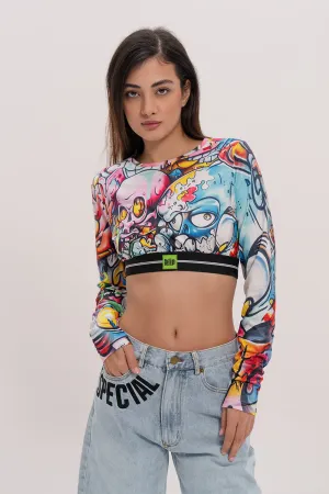 Doodle Print Crop Top (Long Sleeve)