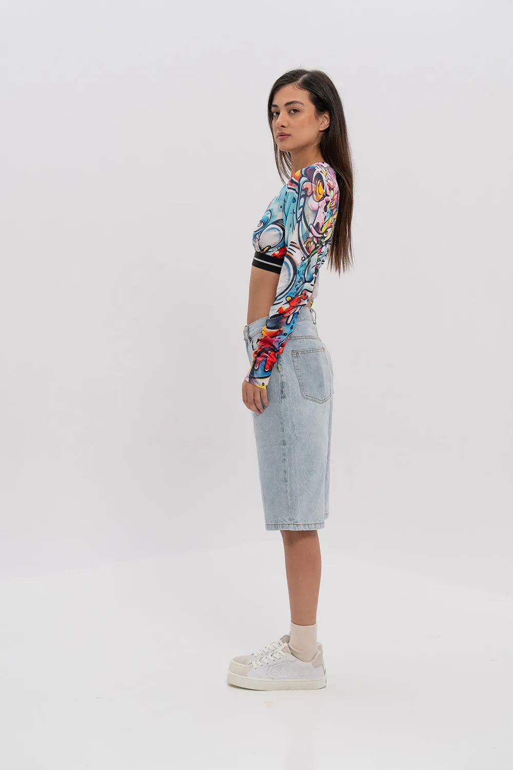 Doodle Print Crop Top (Long Sleeve)