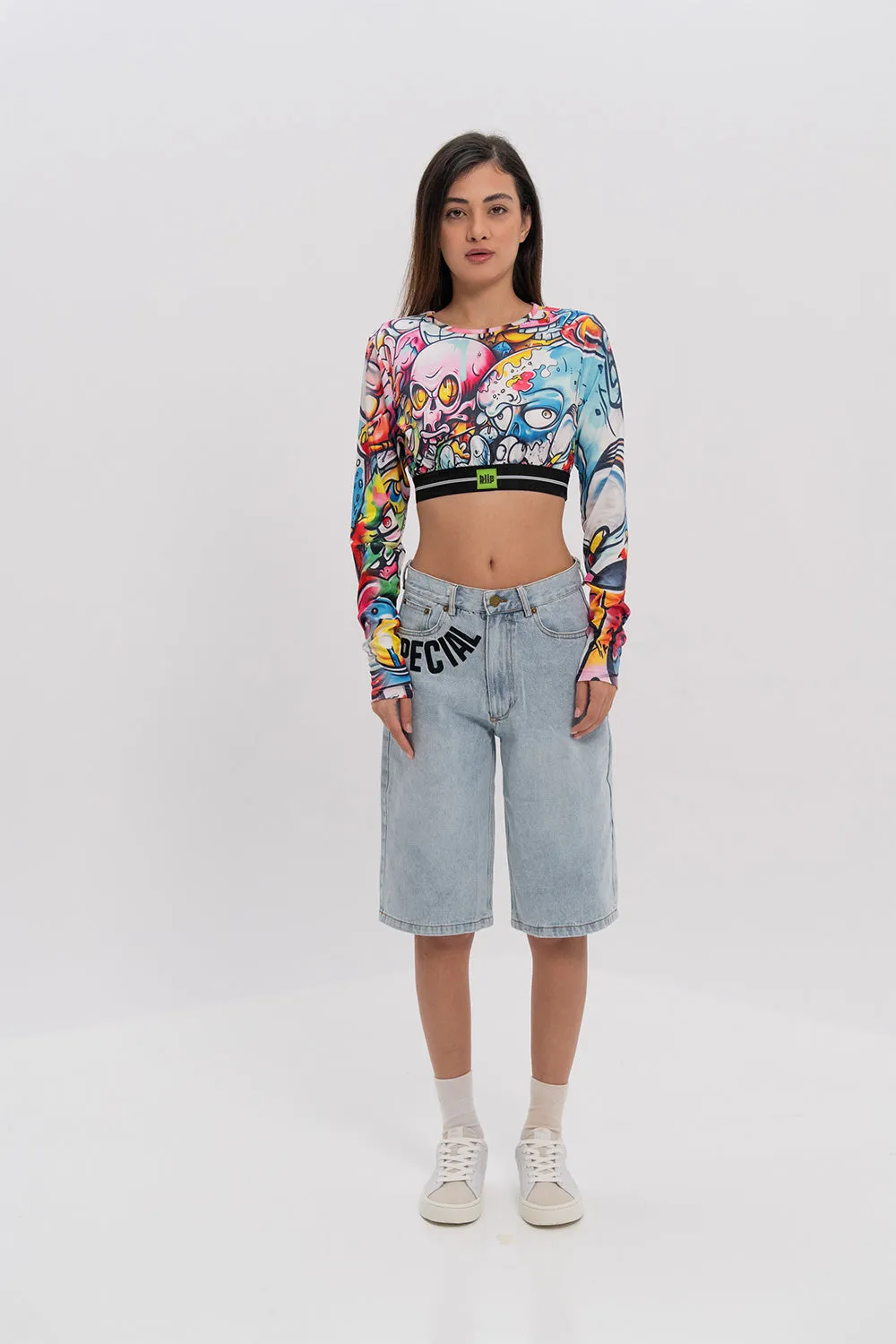 Doodle Print Crop Top (Long Sleeve)