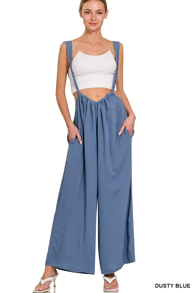 Dusty Blue Woven Tie Back Suspender Jumpsuit w/ Pockets - Final Sale