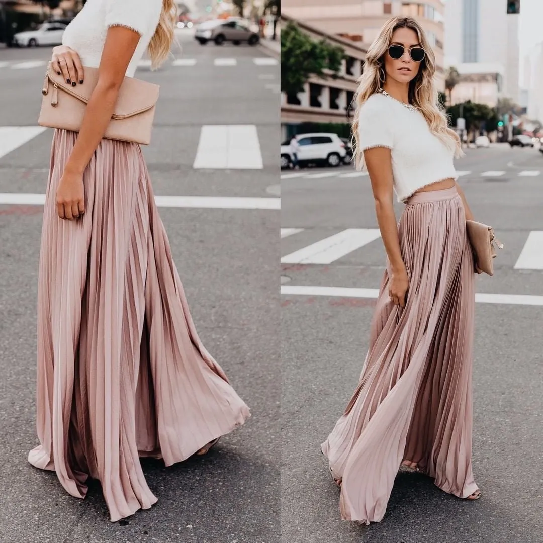 Elegant  High Waist Pleated Elastic Long Skirts