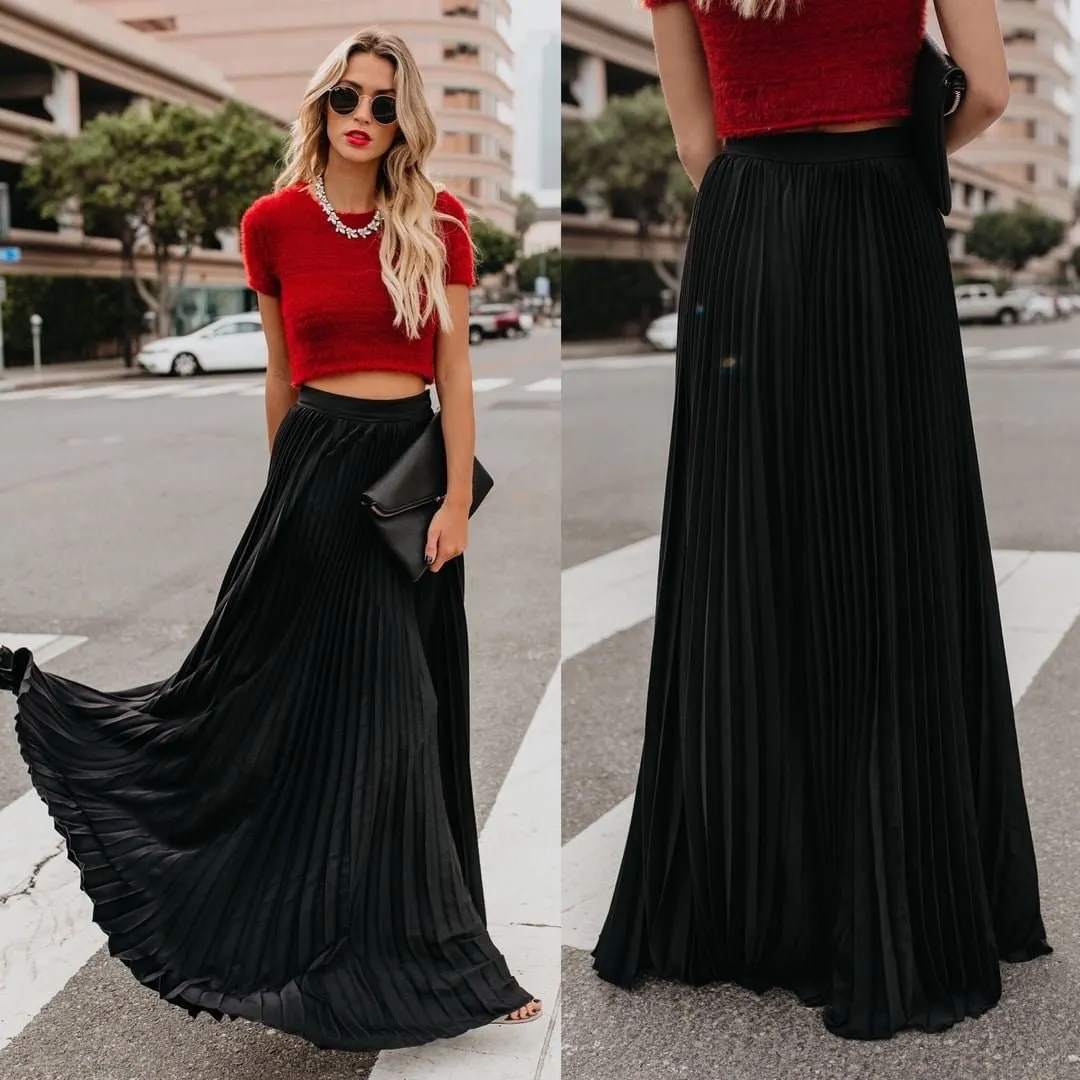 Elegant  High Waist Pleated Elastic Long Skirts