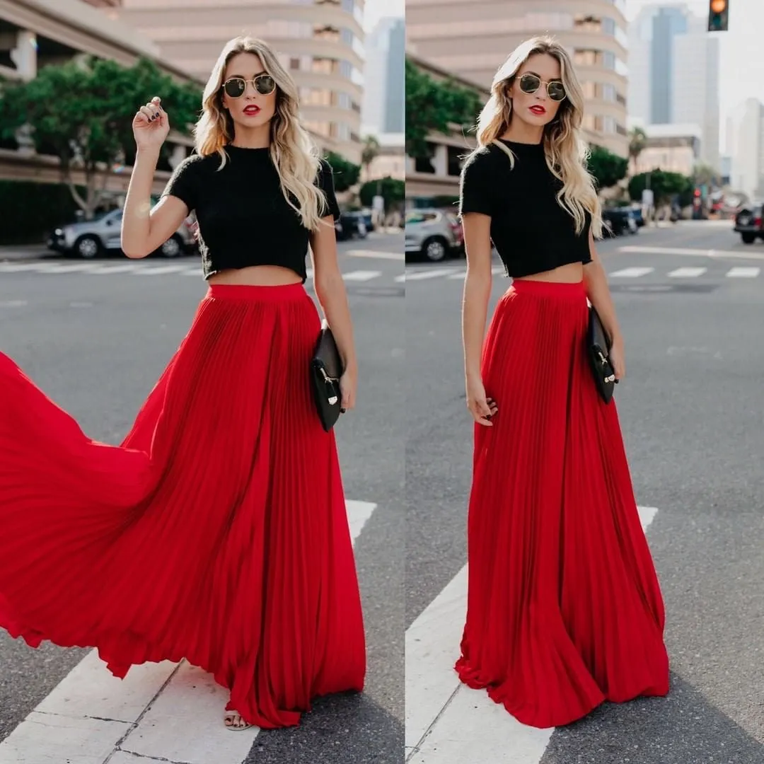 Elegant  High Waist Pleated Elastic Long Skirts