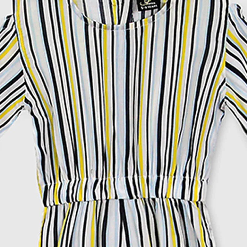 Fashion All Over Stripes Printed Soft Cotton Frill Jumpsuit