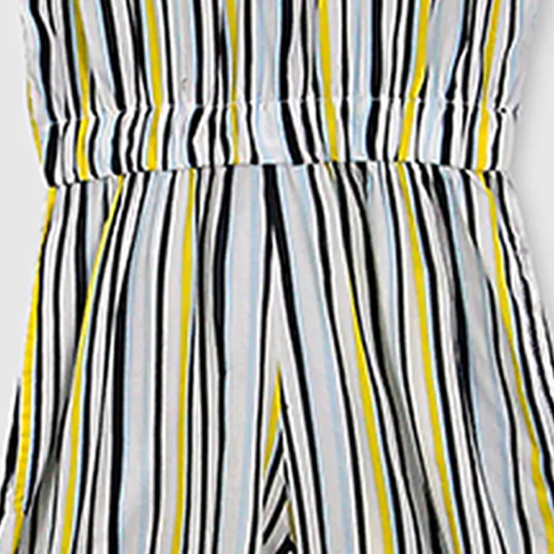Fashion All Over Stripes Printed Soft Cotton Frill Jumpsuit
