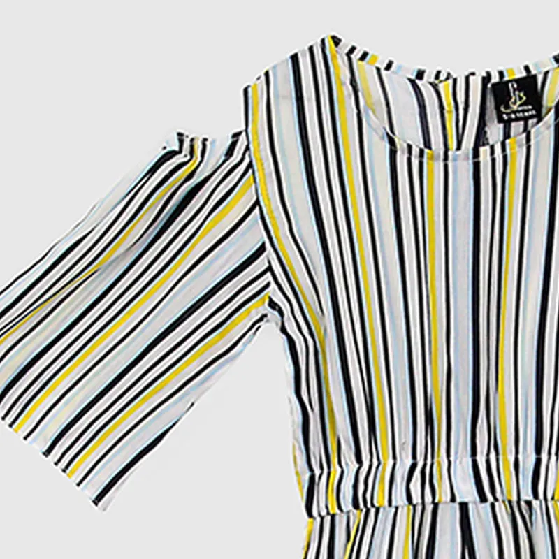 Fashion All Over Stripes Printed Soft Cotton Frill Jumpsuit