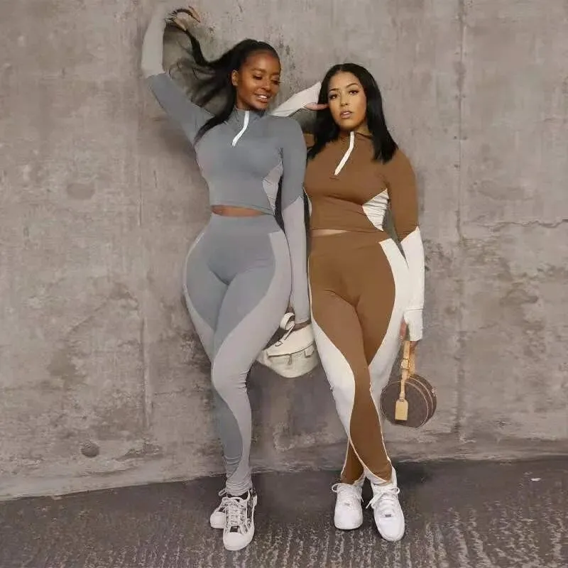 Fashion Two Pieces Activewear with Long Sleeve Crop Top with High