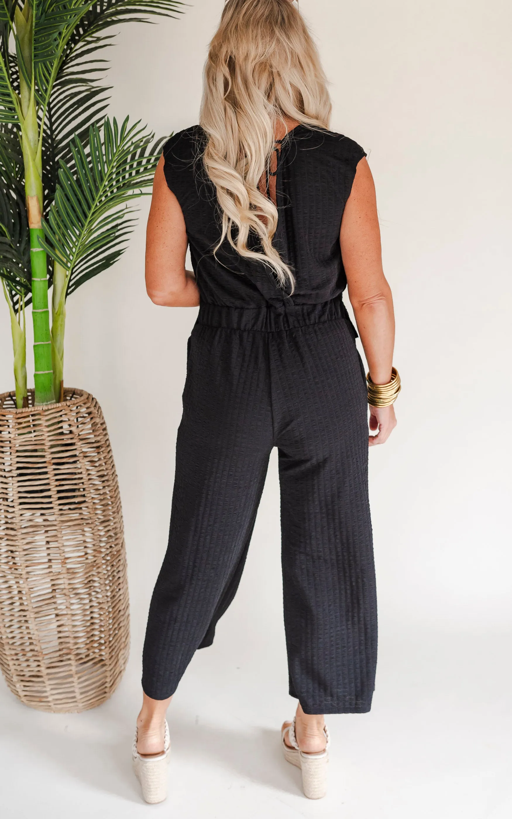 Feeling Fancy Textured Tie Back Drop Shoulder Jumpsuit - Final Sale