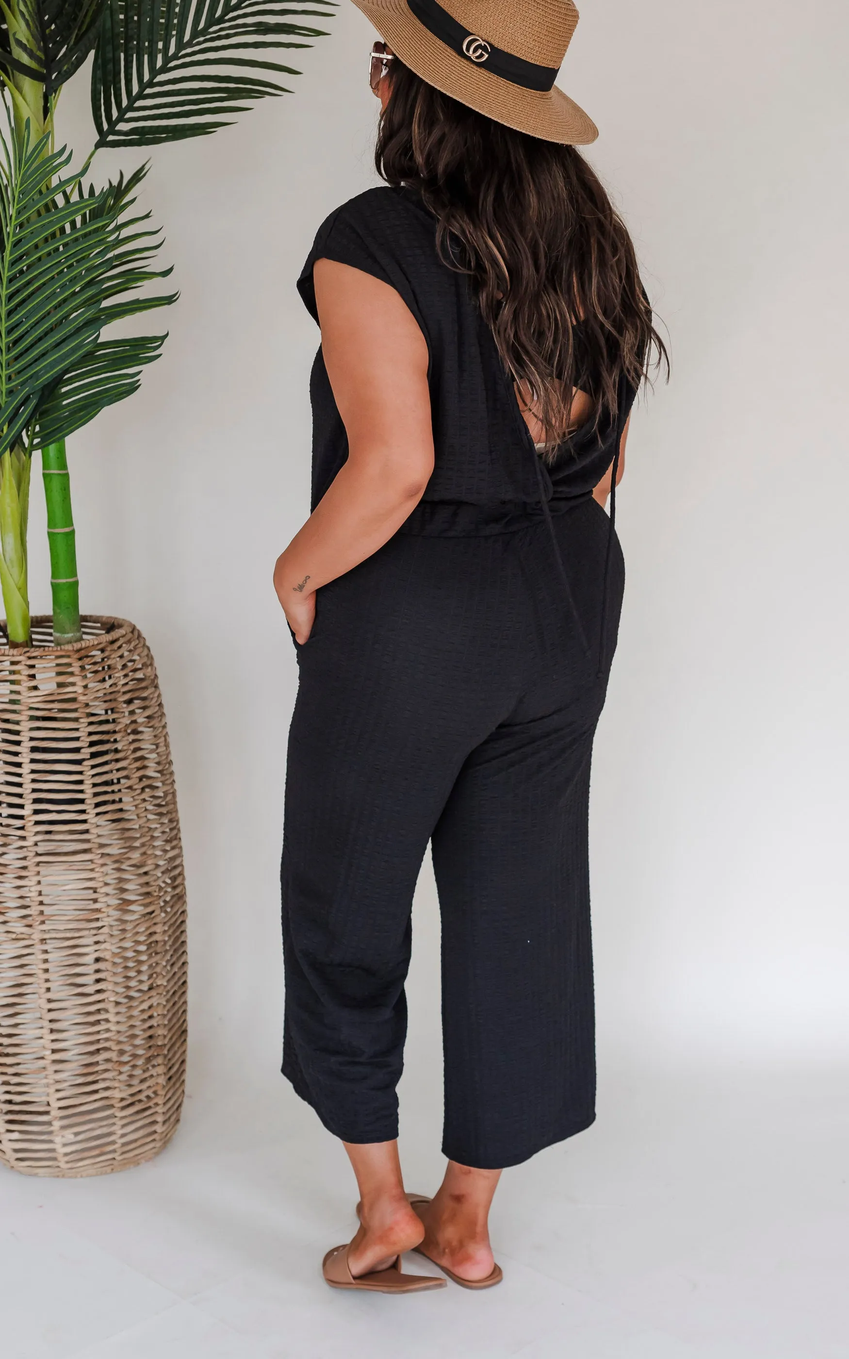 Feeling Fancy Textured Tie Back Drop Shoulder Jumpsuit - Final Sale