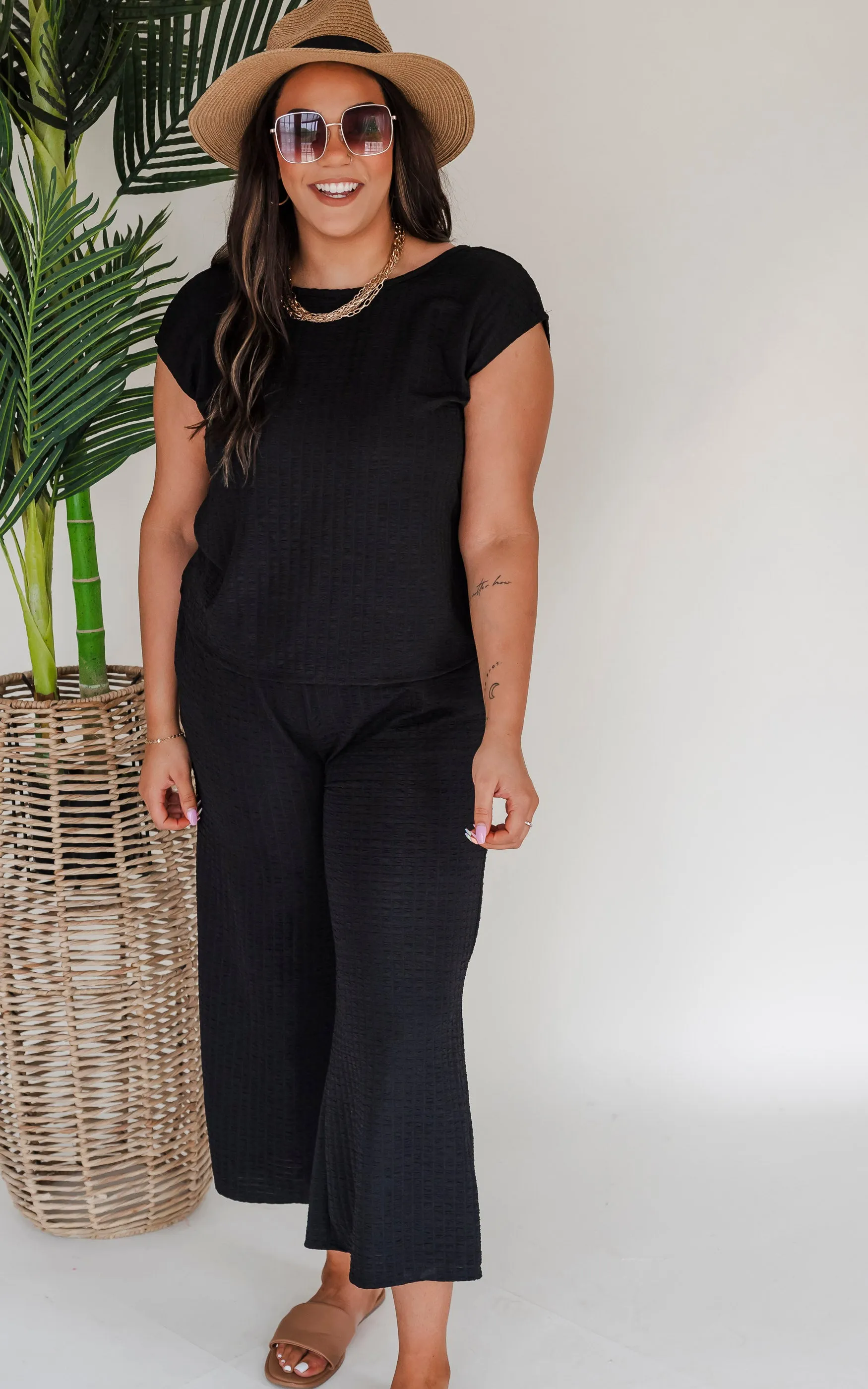Feeling Fancy Textured Tie Back Drop Shoulder Jumpsuit - Final Sale