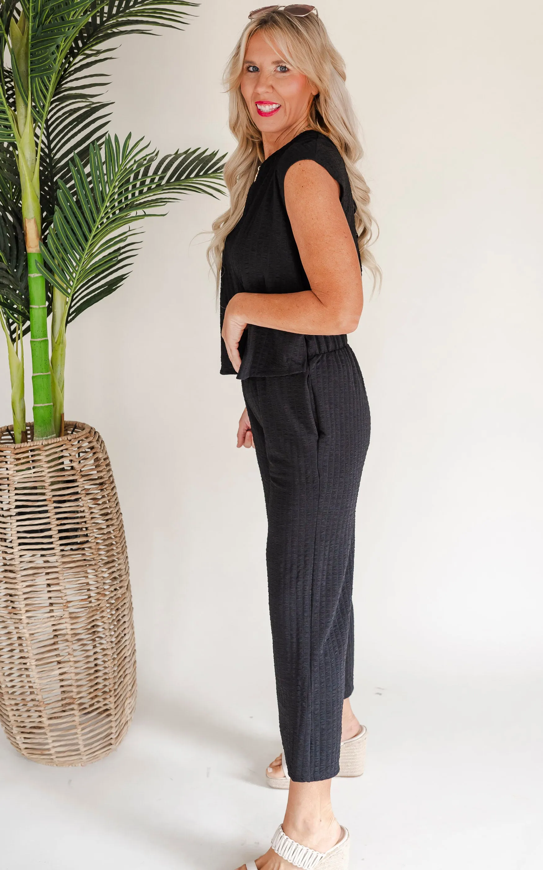 Feeling Fancy Textured Tie Back Drop Shoulder Jumpsuit - Final Sale