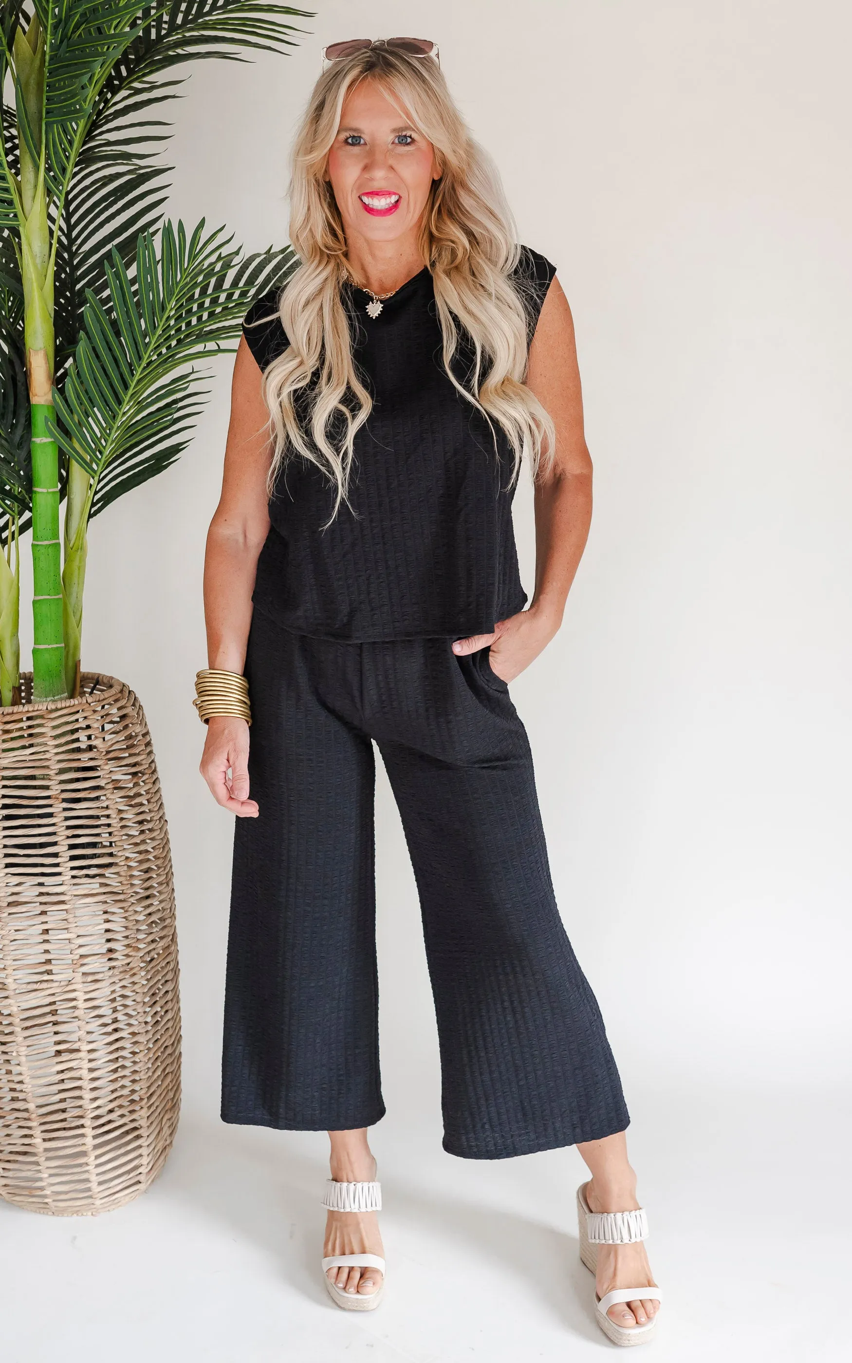 Feeling Fancy Textured Tie Back Drop Shoulder Jumpsuit - Final Sale