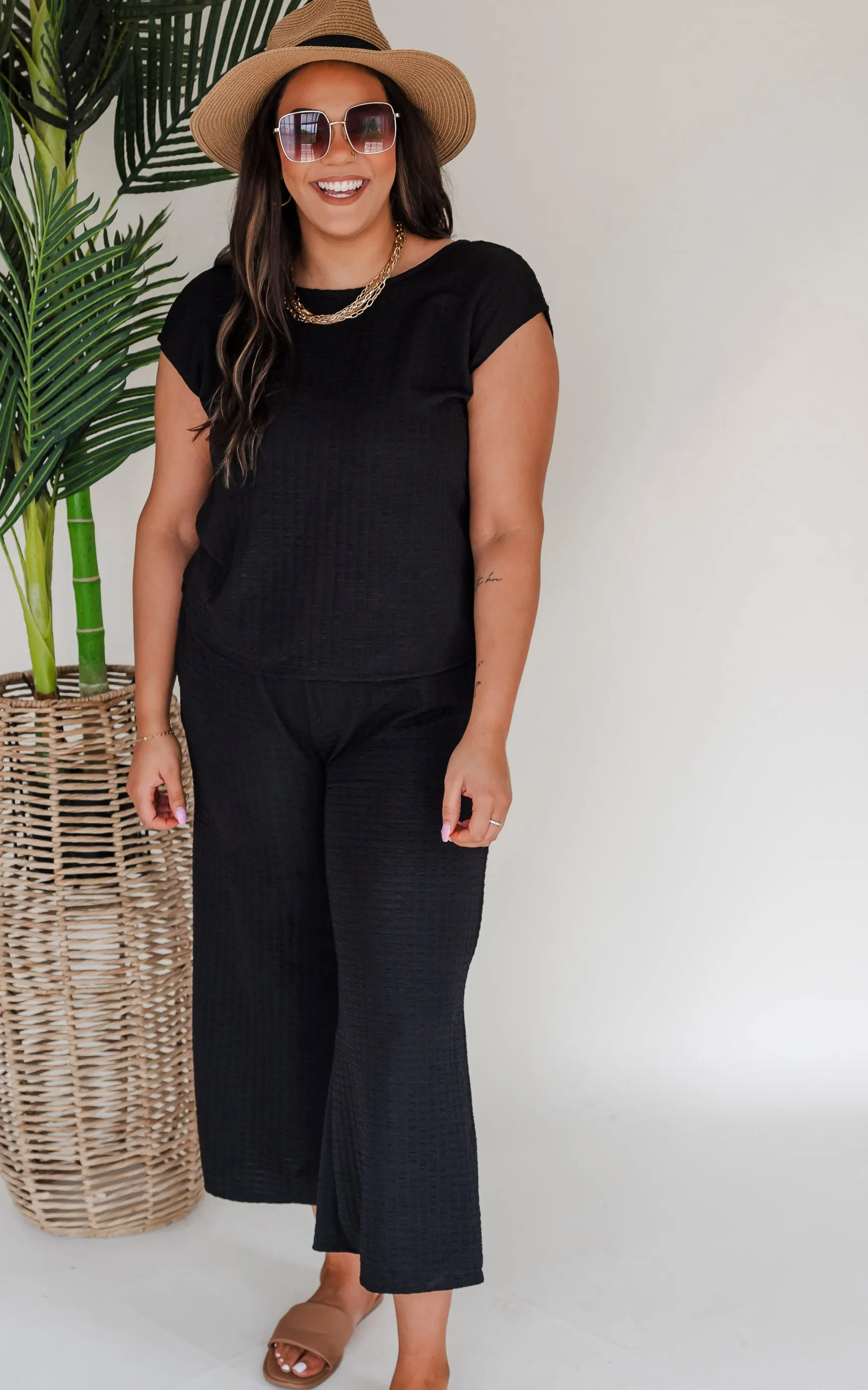 Feeling Fancy Textured Tie Back Drop Shoulder Jumpsuit - Final Sale