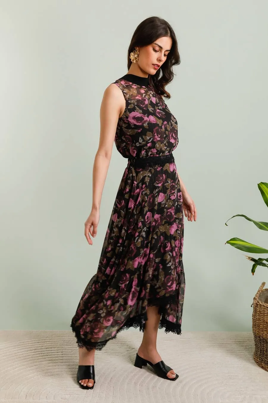 Floral Pattern Skirt with Purple Roses