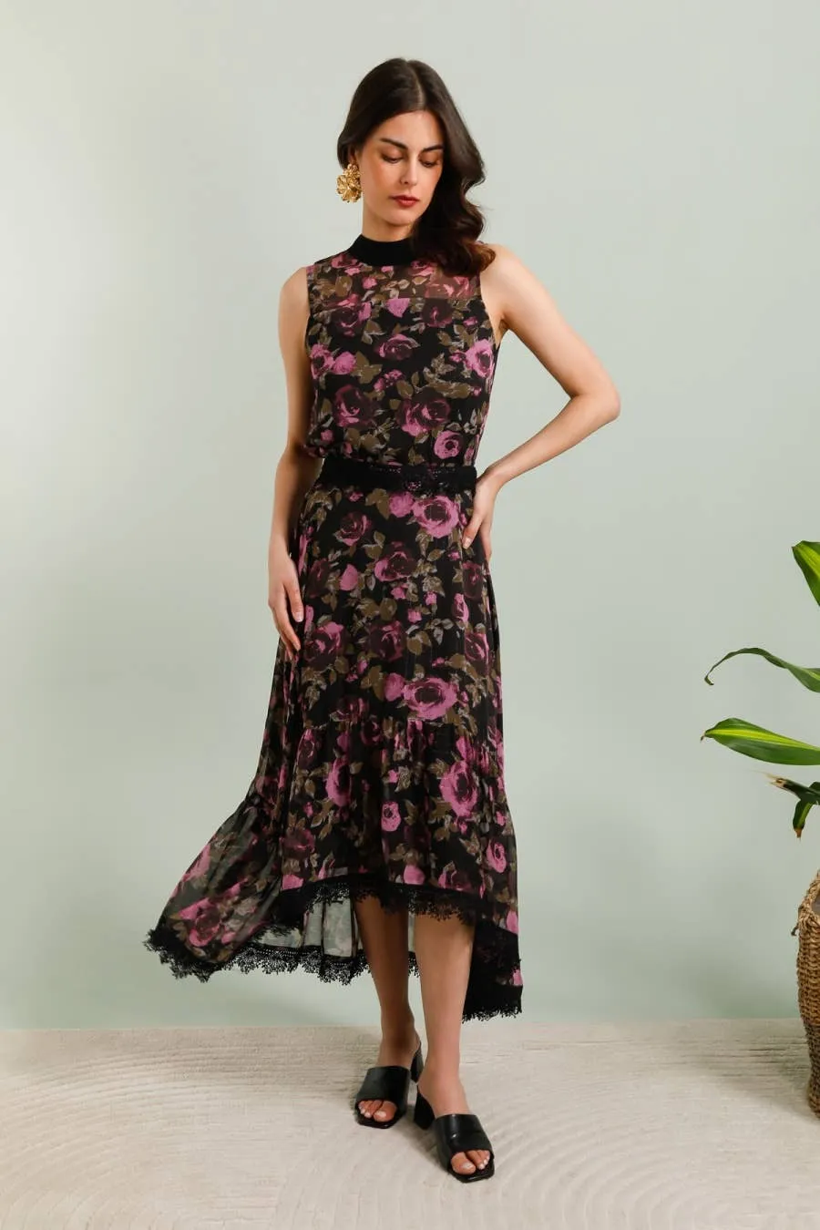 Floral Pattern Skirt with Purple Roses