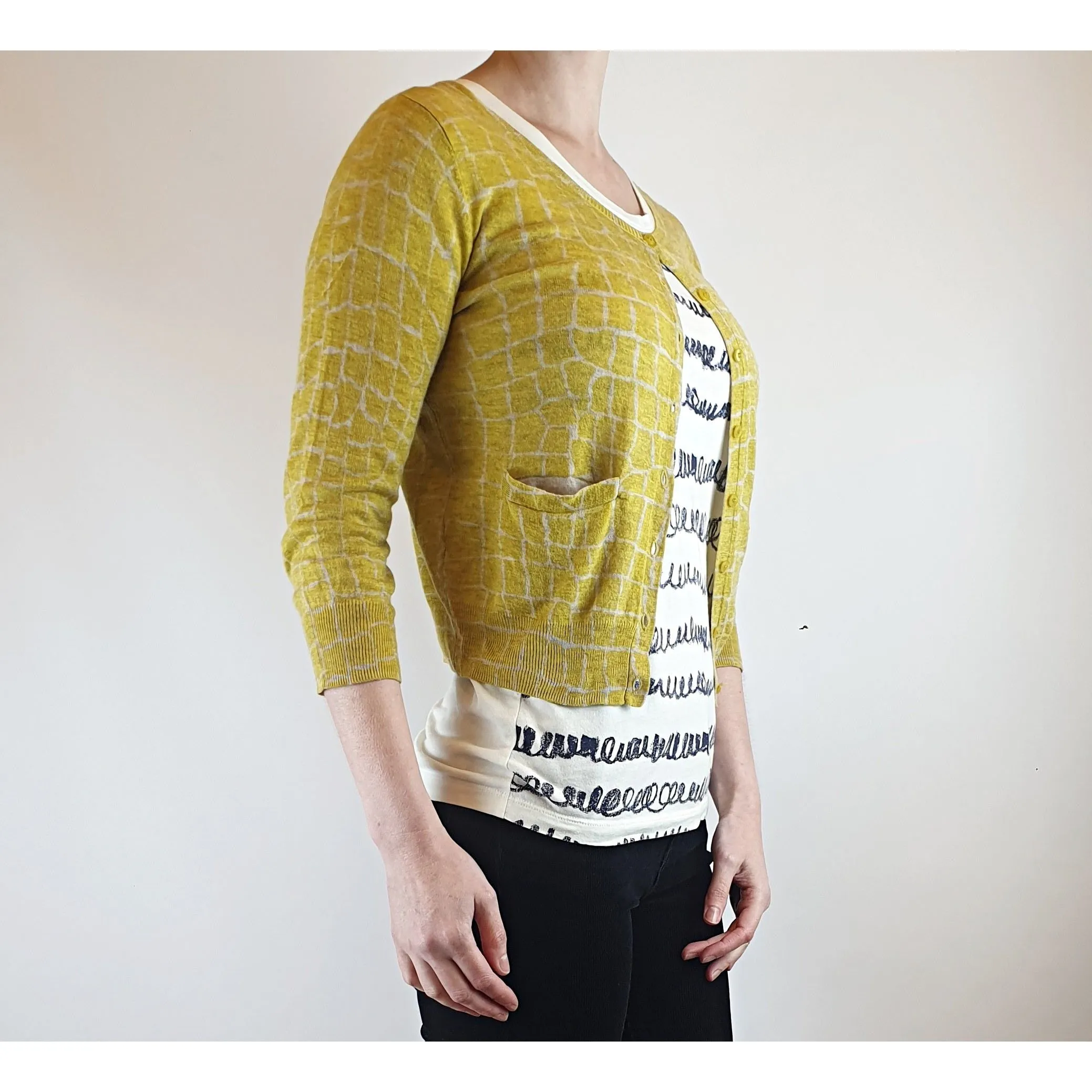 Gorman yellow and cream giraffe style print cardigan size 10 (tiny fit, best fits size 6)