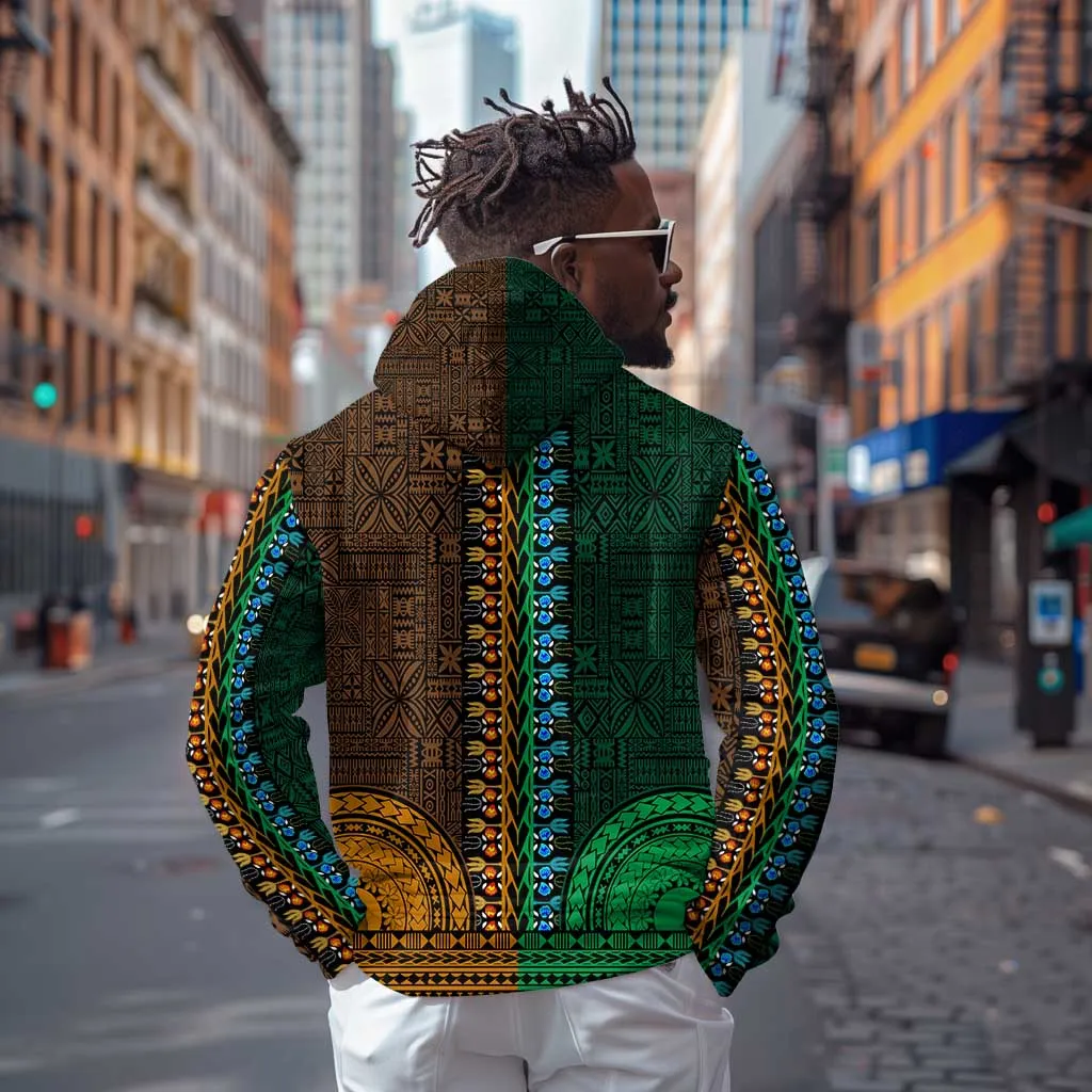 Green-gold Dashiki and Tapa Pattern Zip Hoodie Africa-Polynesia Together Culture LT9