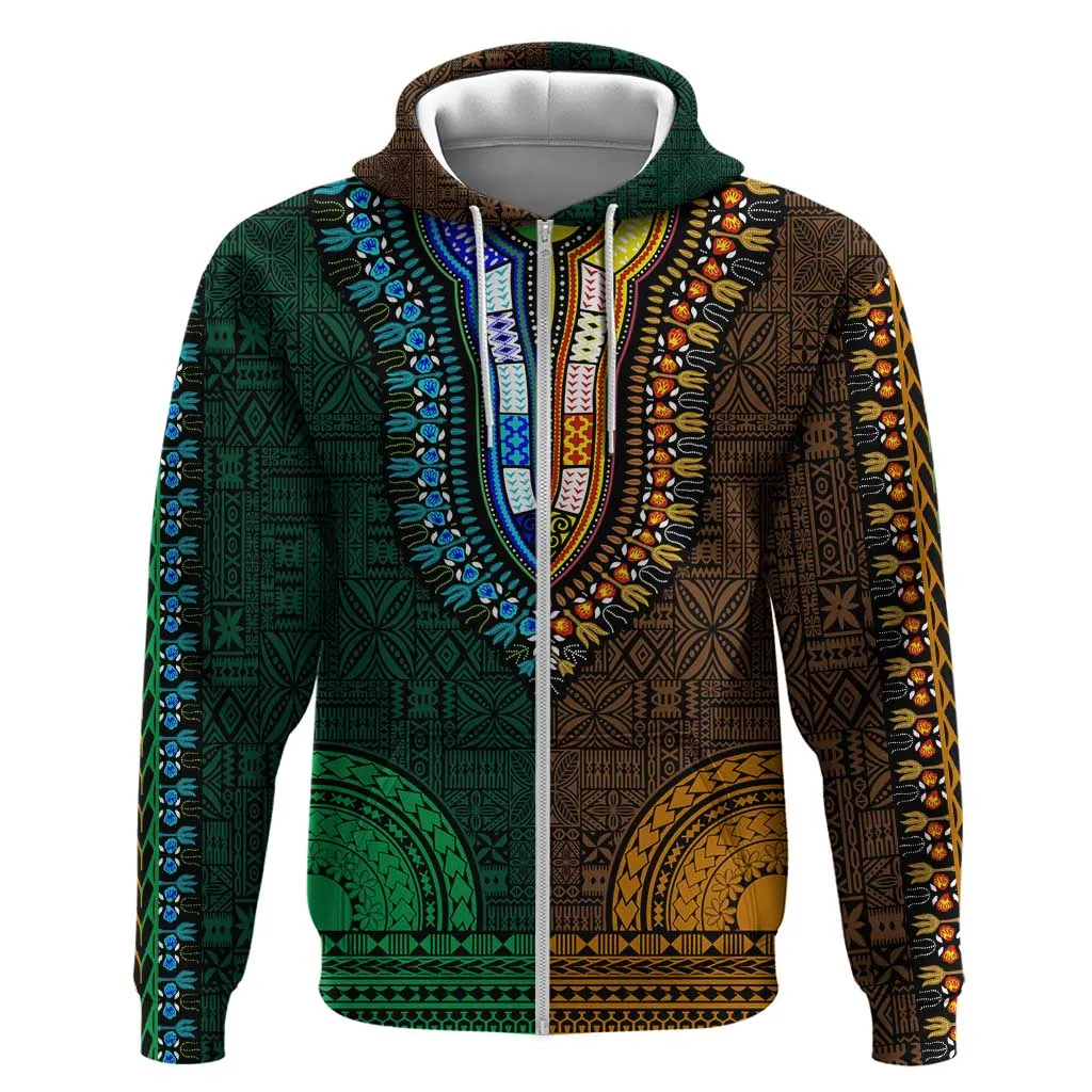 Green-gold Dashiki and Tapa Pattern Zip Hoodie Africa-Polynesia Together Culture LT9