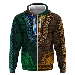 Green-gold Dashiki and Tapa Pattern Zip Hoodie Africa-Polynesia Together Culture LT9