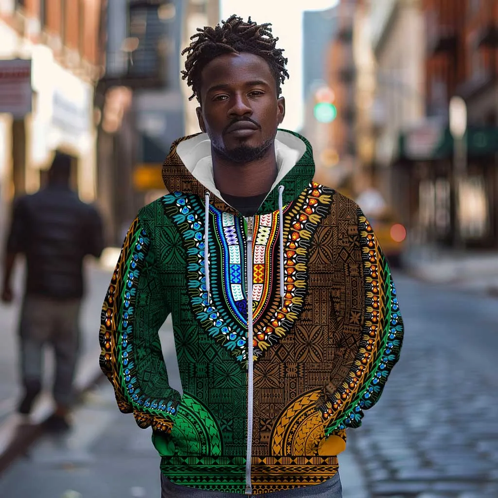 Green-gold Dashiki and Tapa Pattern Zip Hoodie Africa-Polynesia Together Culture LT9