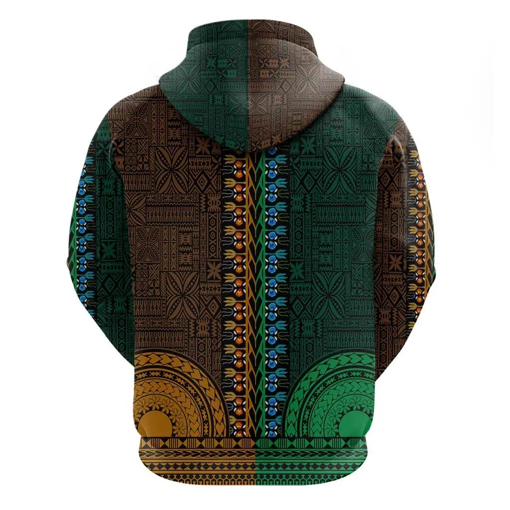 Green-gold Dashiki and Tapa Pattern Zip Hoodie Africa-Polynesia Together Culture LT9