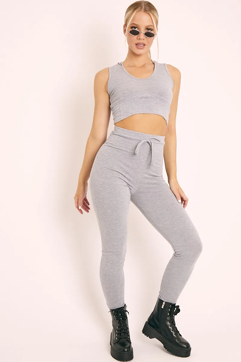 Grey Short Sleeve Hooded Crop Top and Leggings Loungewear Co-ord - Betty