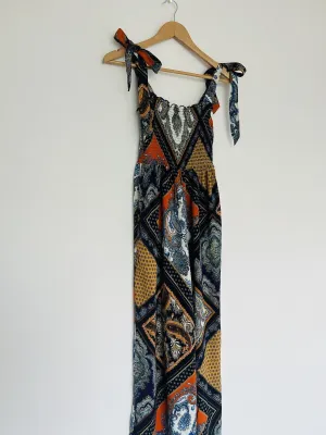 H&M Wide Leg Paisley Print Jumpsuit Size 2 Tie Shoulder Strap Smocked Bodice