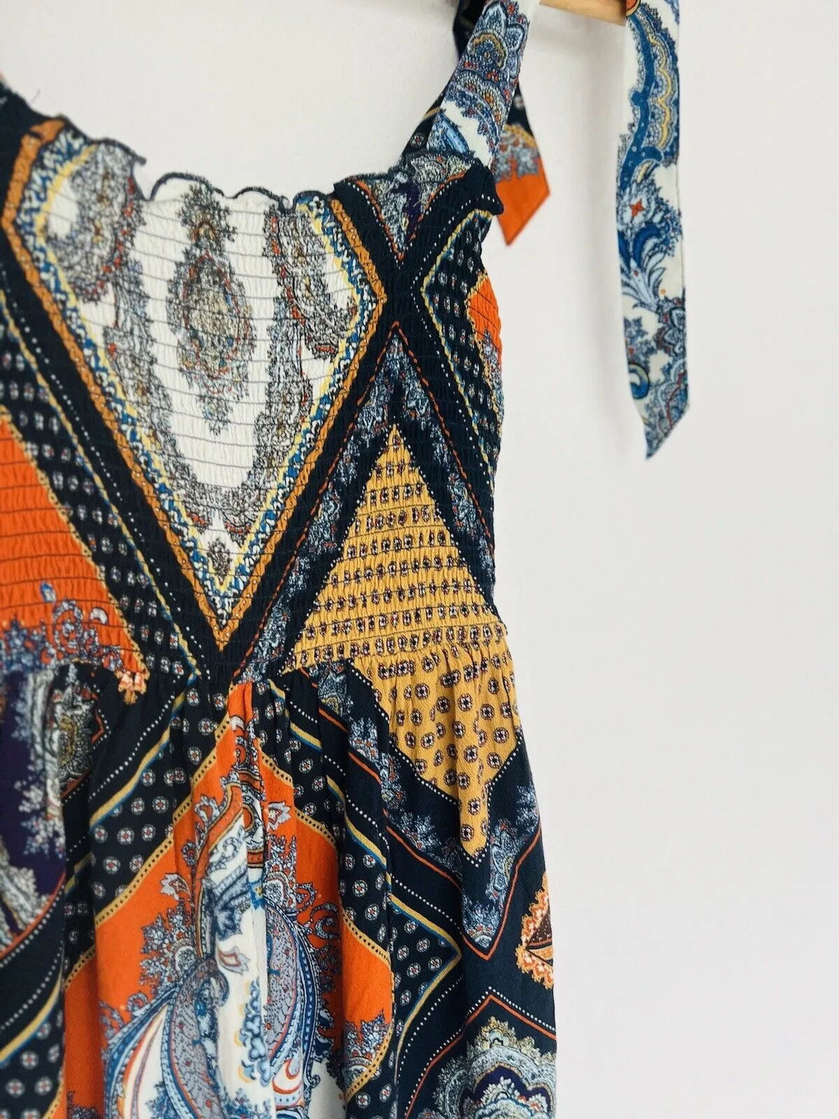 H&M Wide Leg Paisley Print Jumpsuit Size 2 Tie Shoulder Strap Smocked Bodice