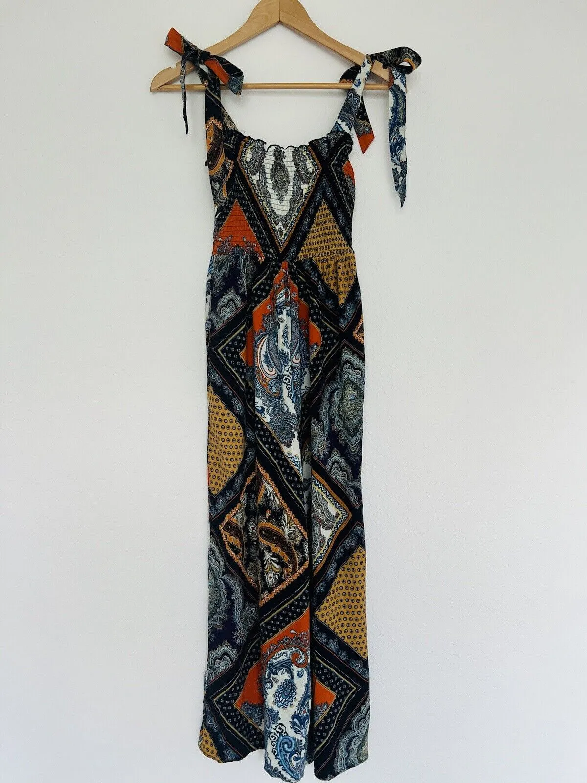 H&M Wide Leg Paisley Print Jumpsuit Size 2 Tie Shoulder Strap Smocked Bodice
