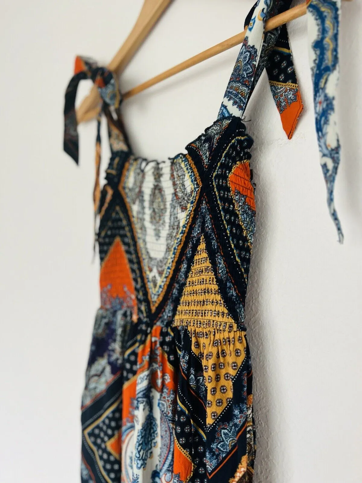 H&M Wide Leg Paisley Print Jumpsuit Size 2 Tie Shoulder Strap Smocked Bodice