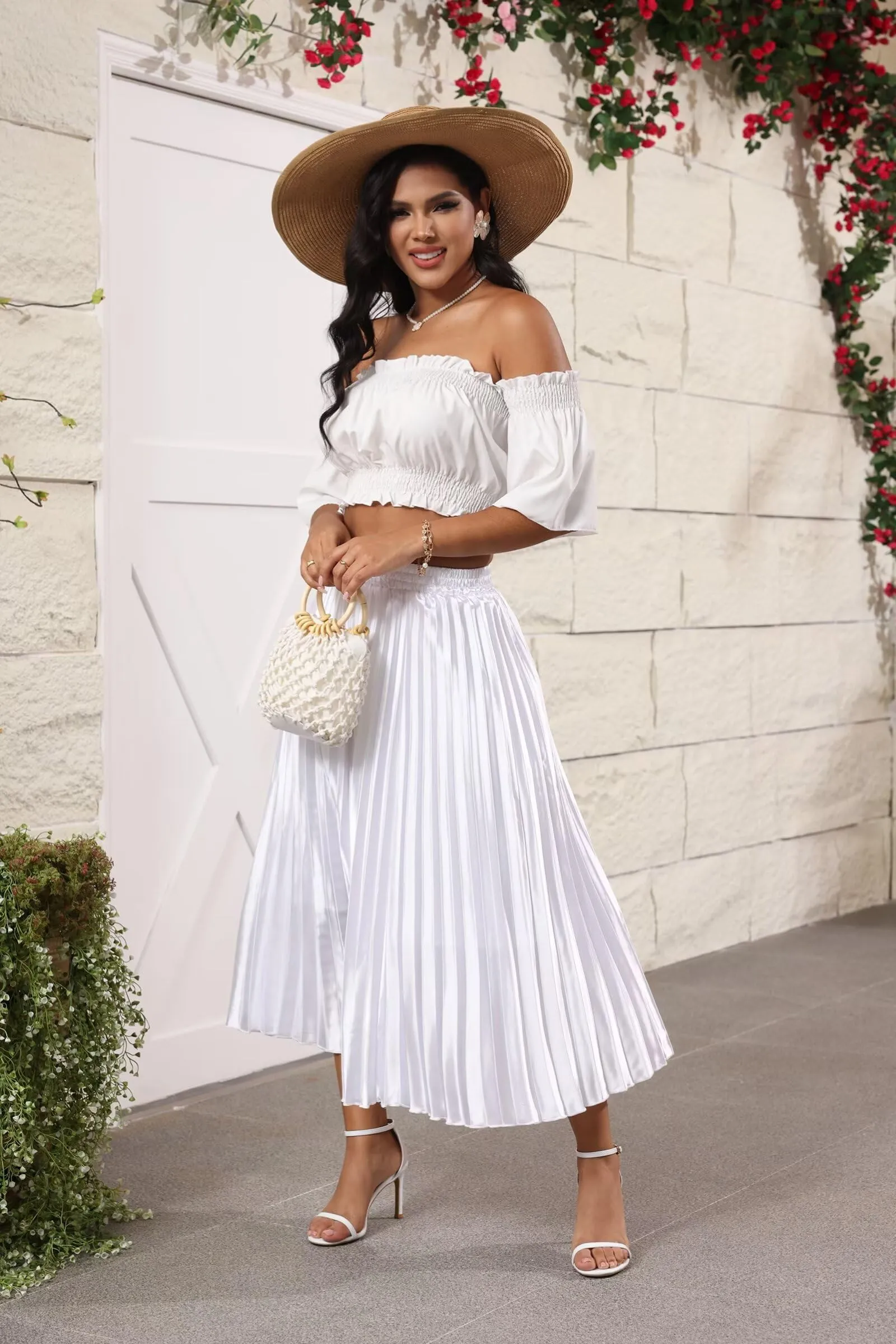 High Elastic Waist Pleated Midi Skirts