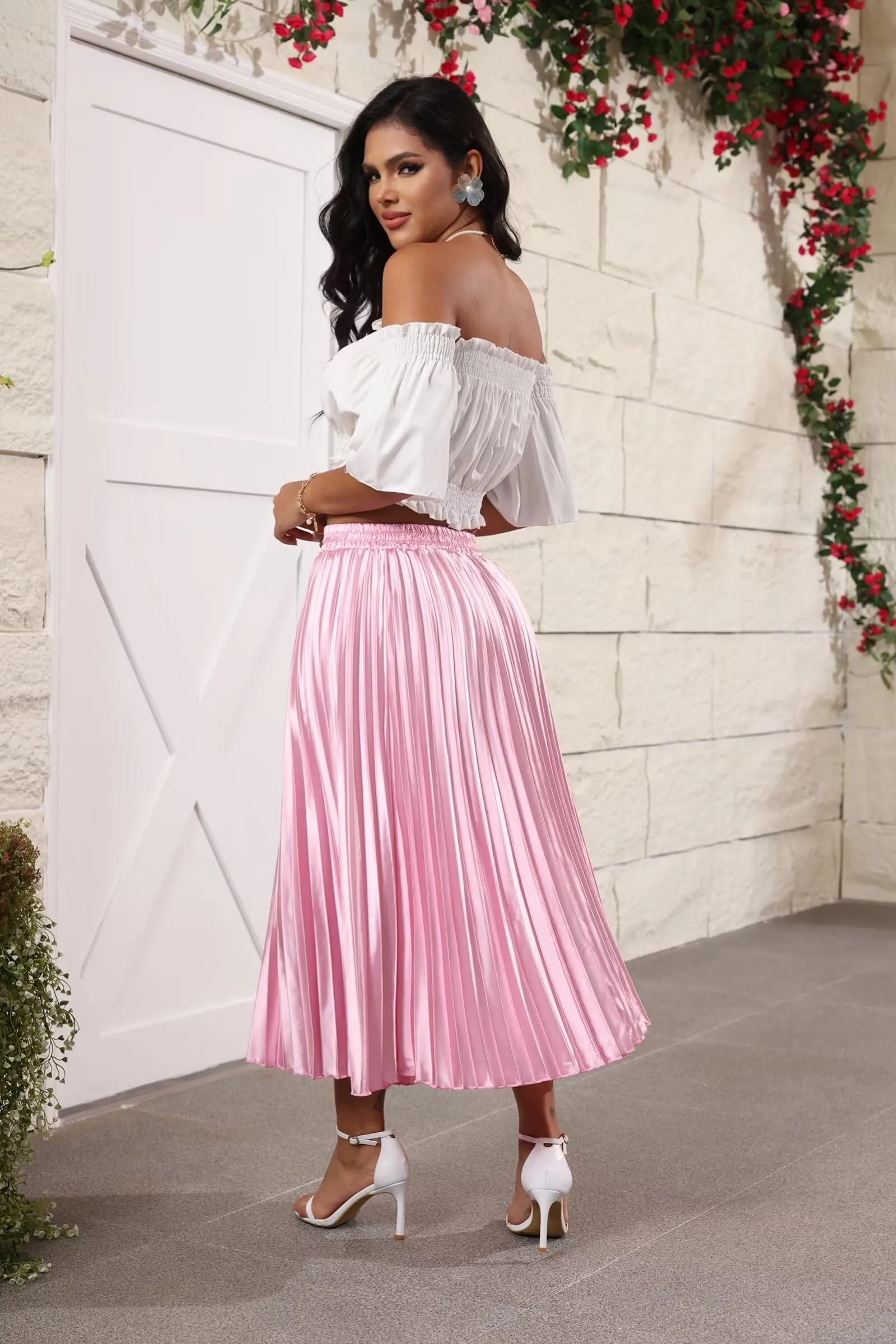 High Elastic Waist Pleated Midi Skirts