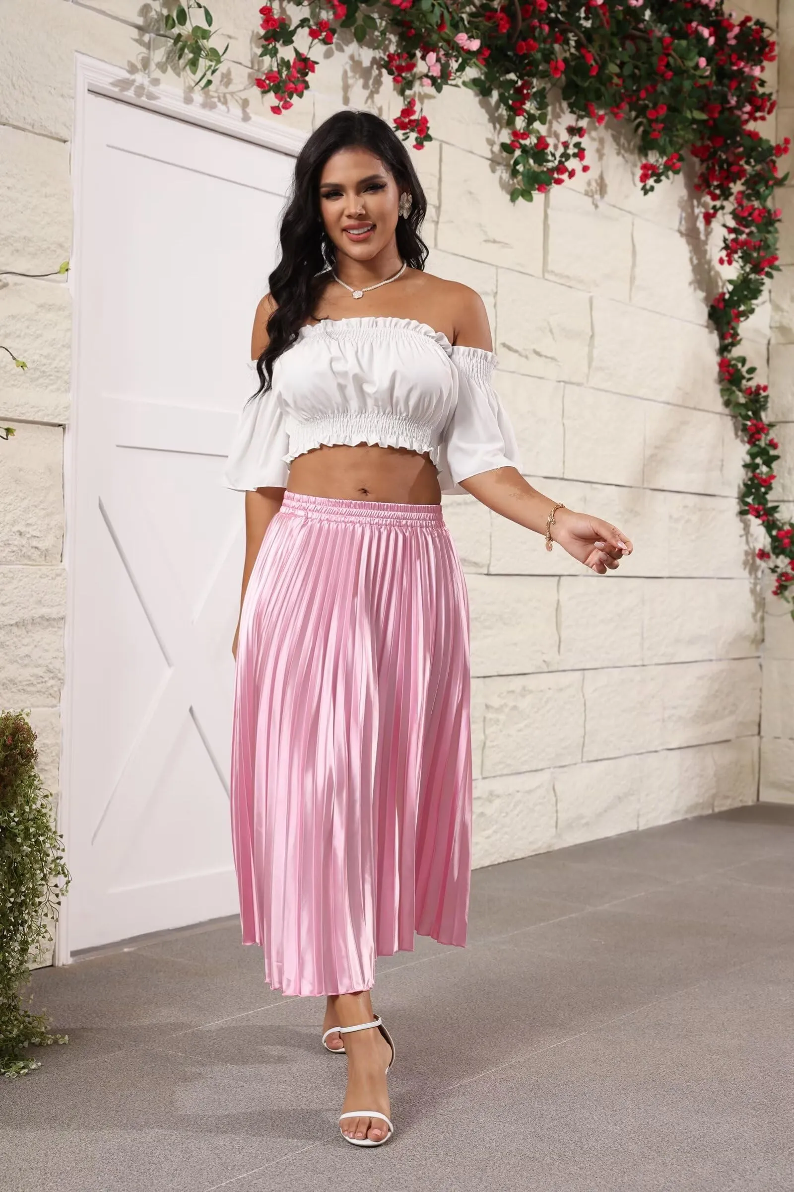 High Elastic Waist Pleated Midi Skirts