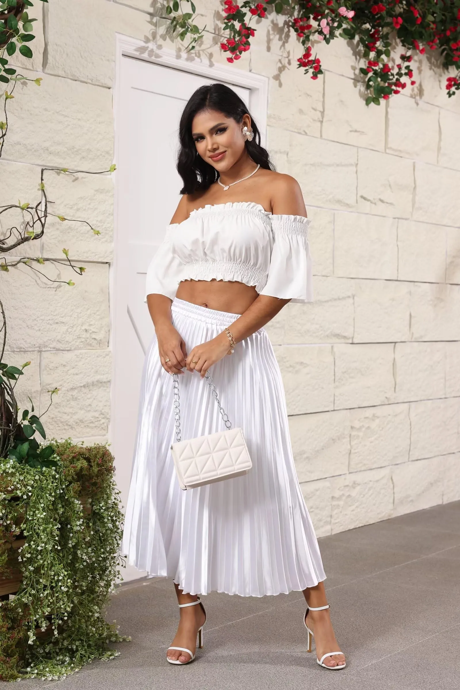 High Elastic Waist Pleated Midi Skirts