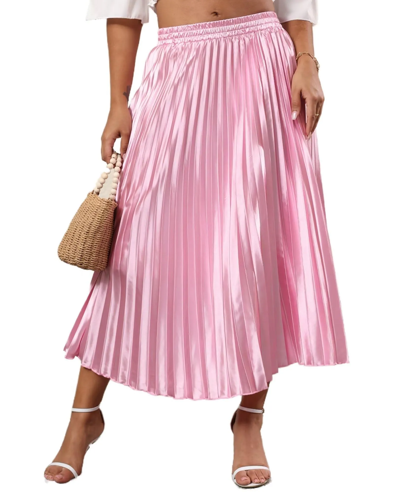 High Elastic Waist Pleated Midi Skirts