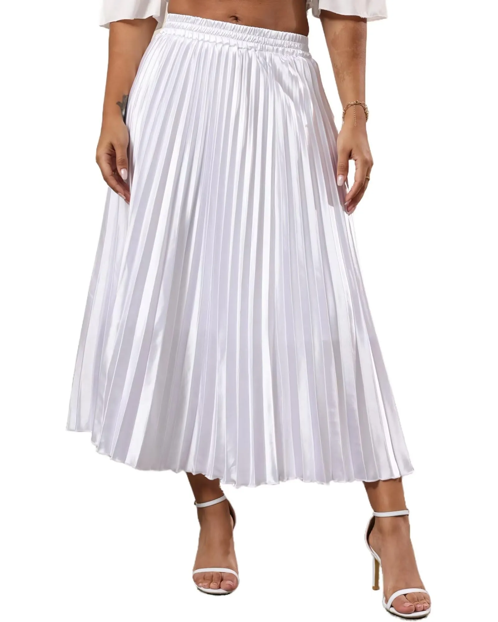 High Elastic Waist Pleated Midi Skirts
