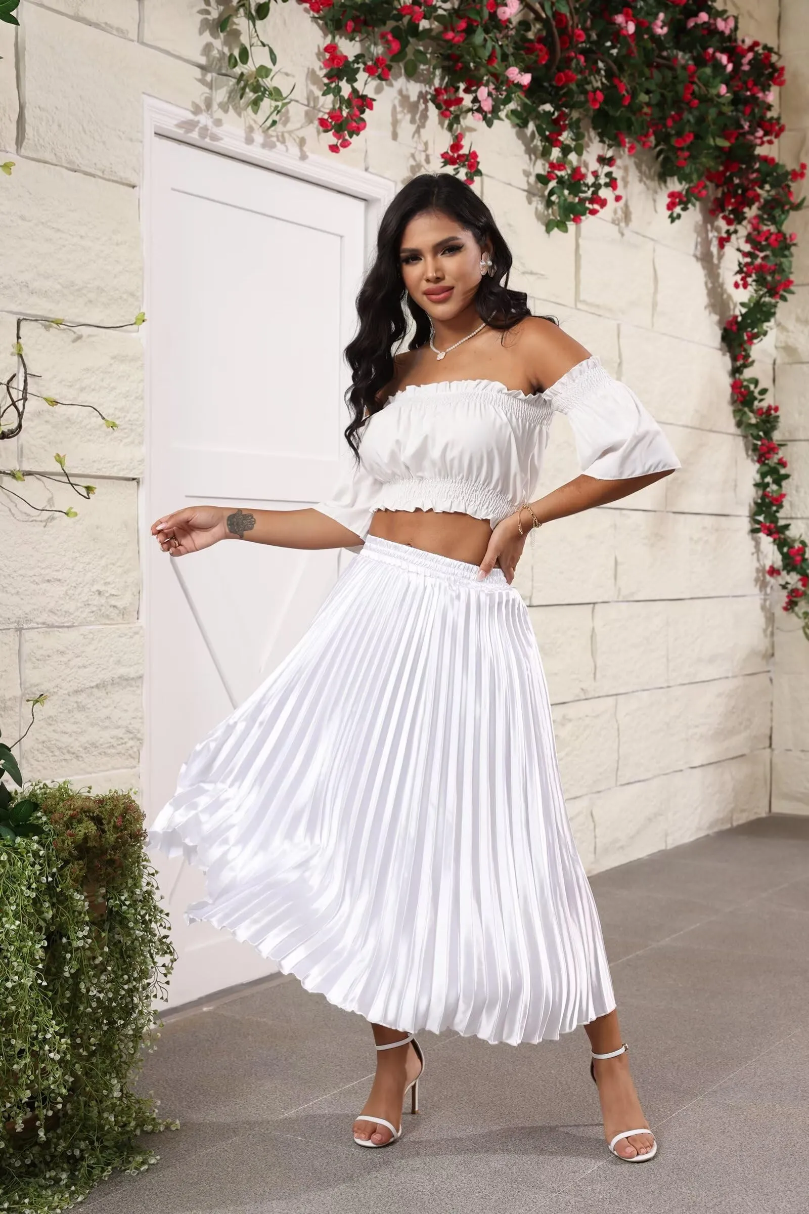 High Elastic Waist Pleated Midi Skirts