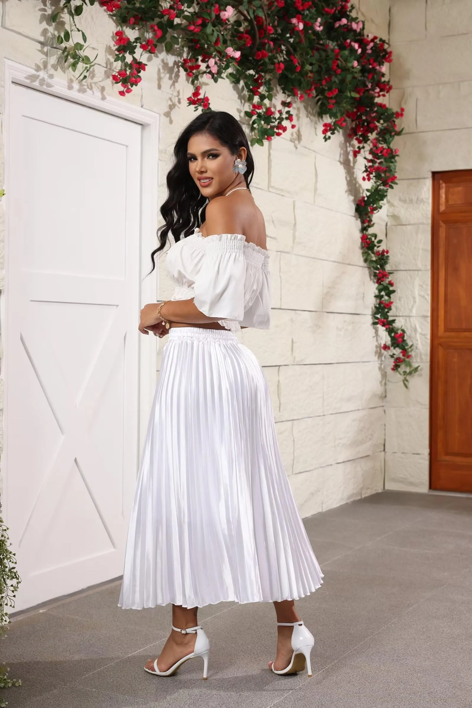 High Elastic Waist Pleated Midi Skirts