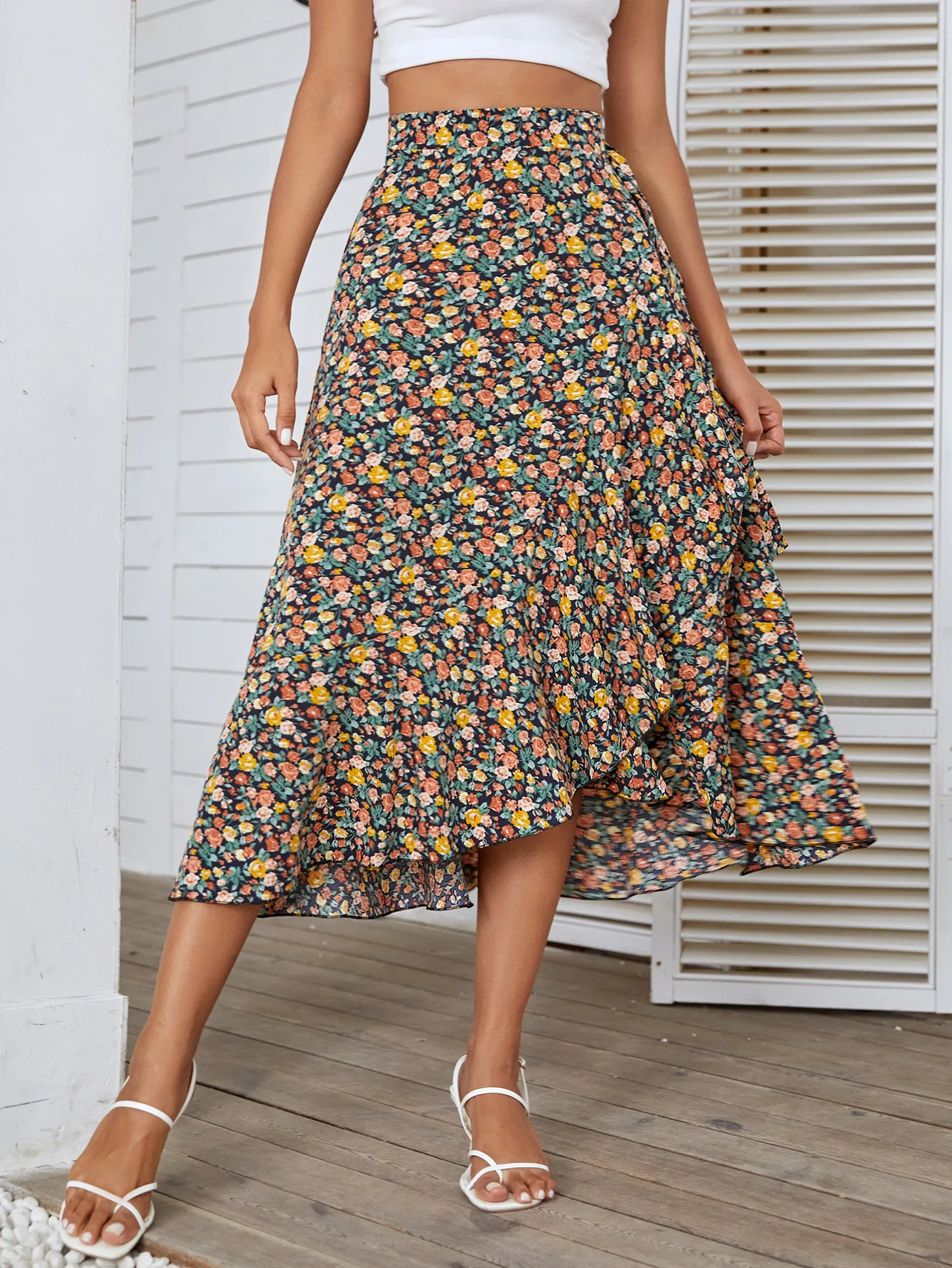 High Waist Floral Ruffle Wrap Skirt - Elegant and Trendy Midi Skirt with Chic Flower Print, Side Tie - Polyester/Spandex Blend
