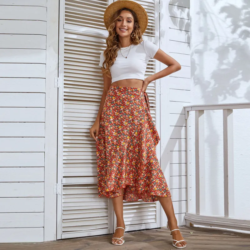 High Waist Floral Ruffle Wrap Skirt - Elegant and Trendy Midi Skirt with Chic Flower Print, Side Tie - Polyester/Spandex Blend